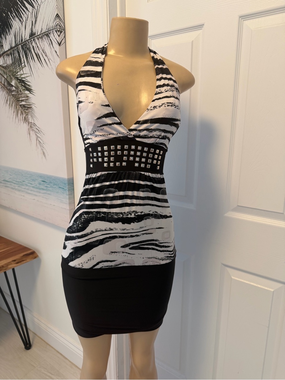 Black & White Halter Stud-Accent Bodycon Dress